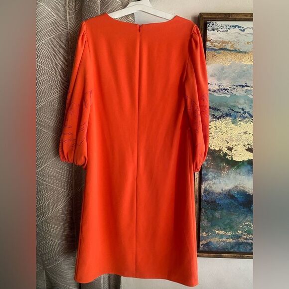 Trina Turk womens Mini Dress Orange 3/4 Balloon Sleeve Embroidered V Neck Small - Picture 3 of 13